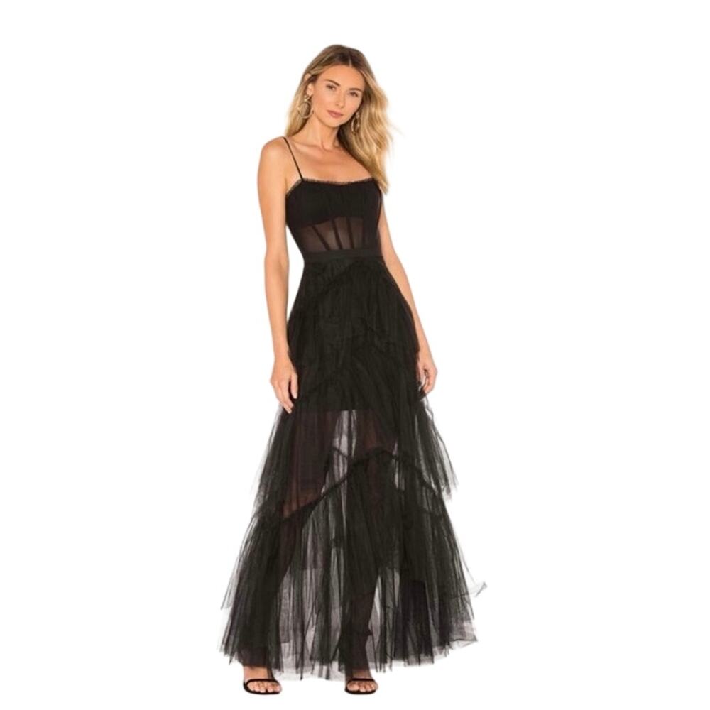 BCBG MaxAzria Oly Evening Gown in Black Tiered Ruffle Tulle Corset Dress Sz 10